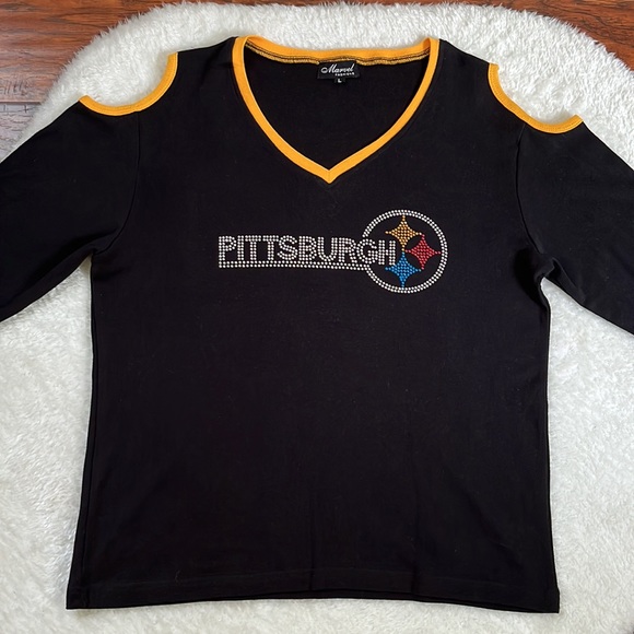 Pittsburgh Steelers Rhinestone Bling Cold Shoulder Top - Picture 8 of 8